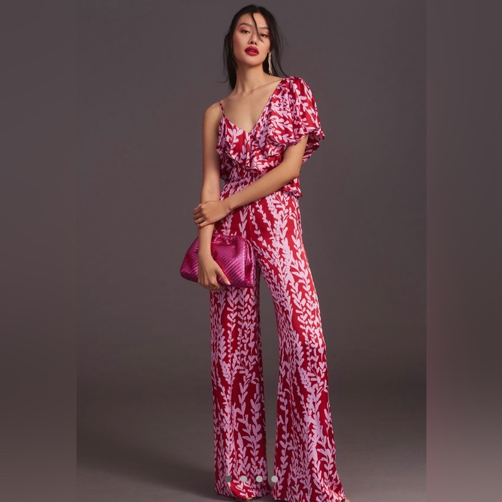 Anthropologie One-Shoulder Pink Floral Wide-Leg Jumpsuit
